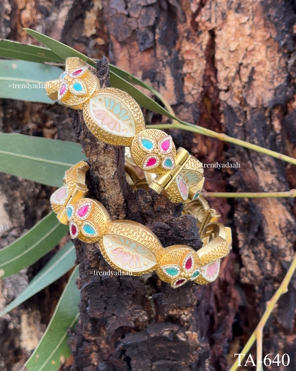 Pastel Lotus Meenakari & Kundan Floral Bangles