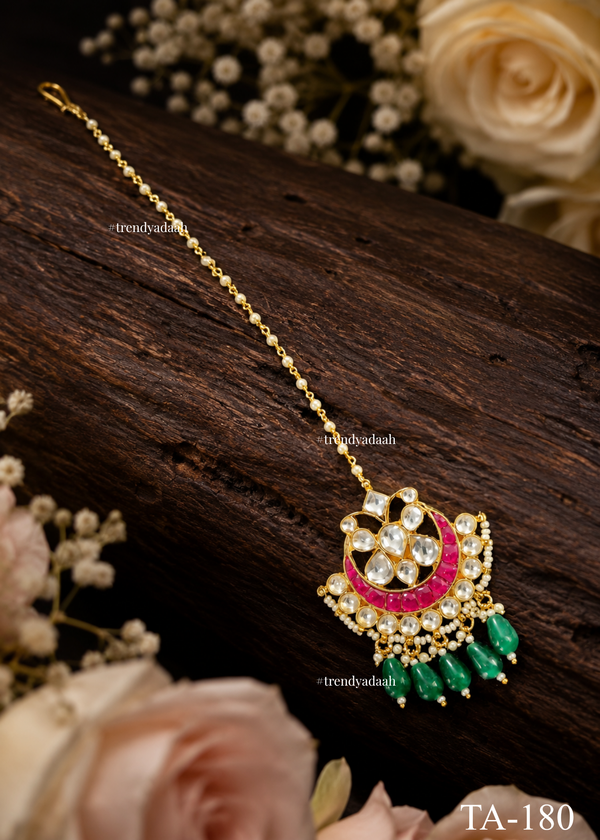 Navratna Crescent Kundan & Emerald Drop Maang Tikka